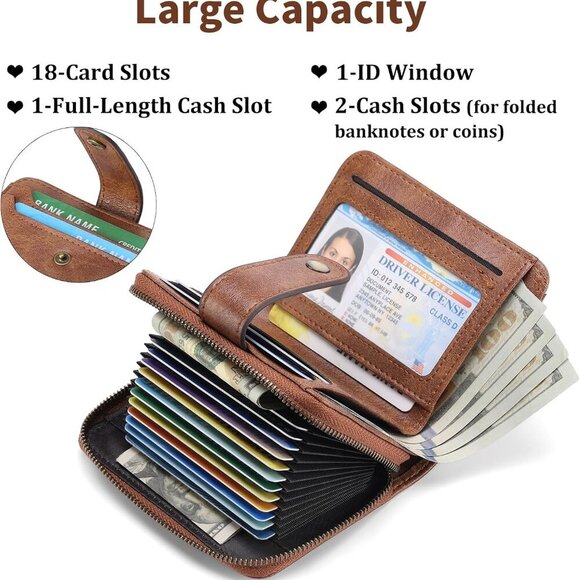 Women's Small Leather RFID Wallet Bifold Zipper Card Case with ID Window - Picture 10 of 11